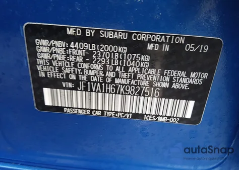 2019 Subaru Wrx Limited из США, поврежденный, VIN JF1VA1H67K9827516